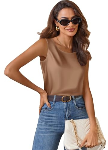Zeagoo satintopp dam elegant sidentopp basic blustoppar rund hals axelbandstopp ledig linne ärmlös satinblus, Kamel, S