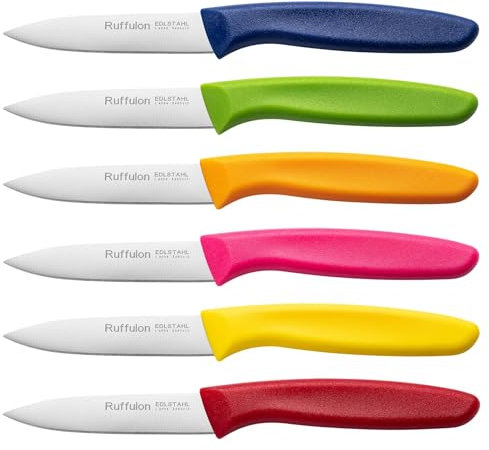Ruffulon Stainless Steel Paring Knife Set of 6 With Ultra Sharp Blade for Fruits and Vegetables - Sturdy Anti-Slip Handle, Multicoloured