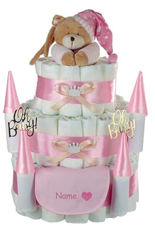 Große Windeltorte Windelschloss, 3-stöckig | Spieluhr Teddybär rosa + personalisierbar mit Name | Prinzessin-Edition mit Teddybär und Lätzchen, Baby Geschenkset