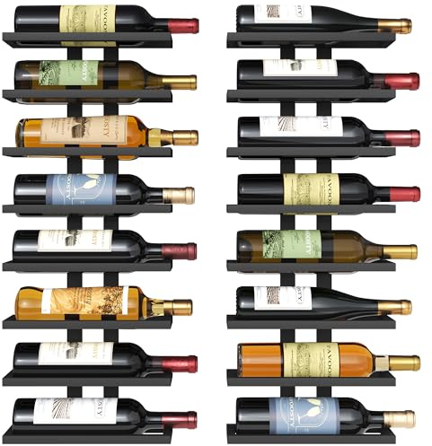 FAVOOSTY Weinregal Wand 2 Set, Flaschenhalter, Flaschenregal mit 16 Ebenen, Metall Weinregal Hängend Weinflaschenregale Schwarz für Esszimmer, Schlafzimmer, Weinkeller