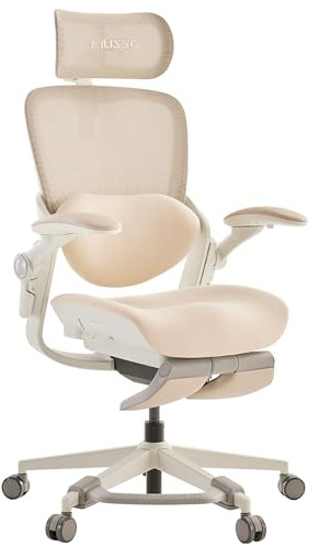 MUSSO E80 Muse Kompakt Ergonomisk Kontorsstol med Fotstöd, Beige | Kompakt design för kvinnor, 3D-svankstöd, 4D-nackstöd, uppfällbara armstöd, justerbart sittdjup, fotstöd
