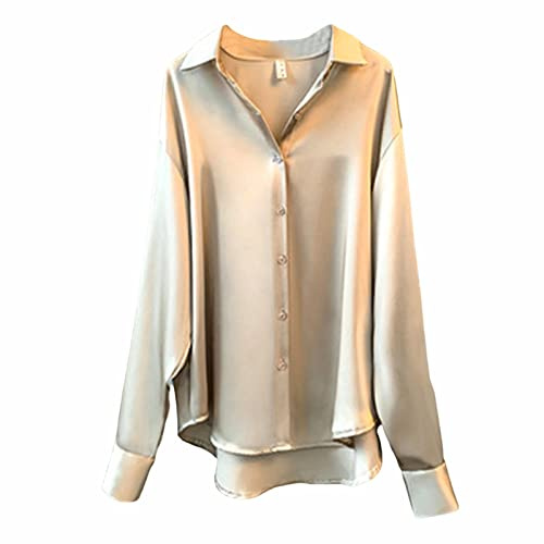 Blusskjorta damer långärmad satinskjorta damer elegant vit skjorta blus enfärgad fritidsblus revers sommarblusar lätt luftig långärmad skjorta bekväm sommartopp satinblusar festliga blusar damskjortor