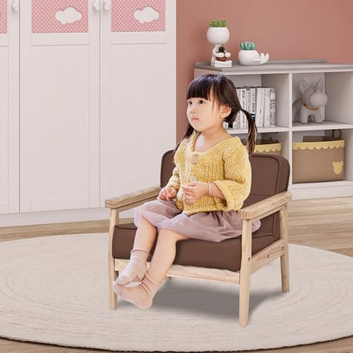 Yoonnie room Toddler Chair, Baby Chair,Kid Armchair with Solid Wood Armrest and PU Leather for Kid Rest (Brown)