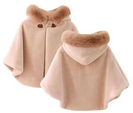 Nemopter Mantello con Cappuccio per Bambine,Poncho Scialle all'aperto caldo per l'inverno,Giacca con cappuccio,Mantello da principessa, cachi., 3-6 Mese