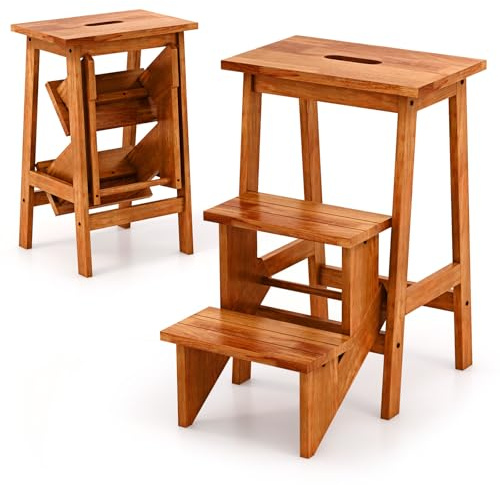COSTWAY Escabeau à 3 Marches Pliable, Marche Pied en Bois d'Hévéa, 3 en 1 Tabouret Pliante avec Poignée, Patins Antidérapant, pour Salon Chambre Garage, Charge 270 kg (58 x 41 x 61 cm,Chêne Foncé)