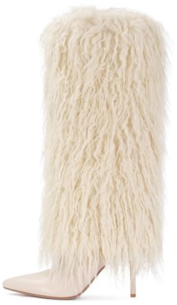 XBKXMK White Fur Knee High Boots for Women Pointed Toe Stiletto Heel Fold Over Tall Boots Fashion Wide Calf Pull On Long Booties Casual