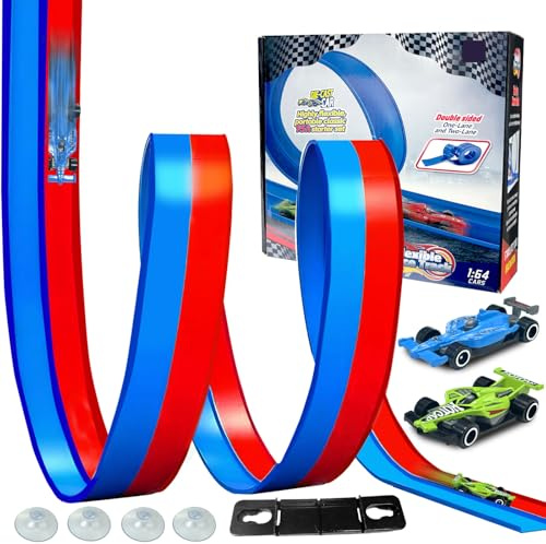 Pista de Coches, 4.5M Circuito Coches con 2 Autos, Roja y Azul Flexible y Enrollable, Rampa Doble, Portátil Circuito Coche, Accesorios para Pistas de Coche