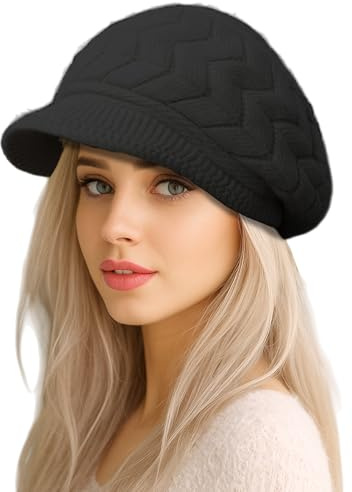 MUNSKT Bonnet Béret d'hiver pour Femme - Chapeau Tricoté Thermique Doublé Polaire, Bonnet Laine Chaud pour Jours Froids (FR/ES, Alpha/Lettres, Taille Unique, Noir)