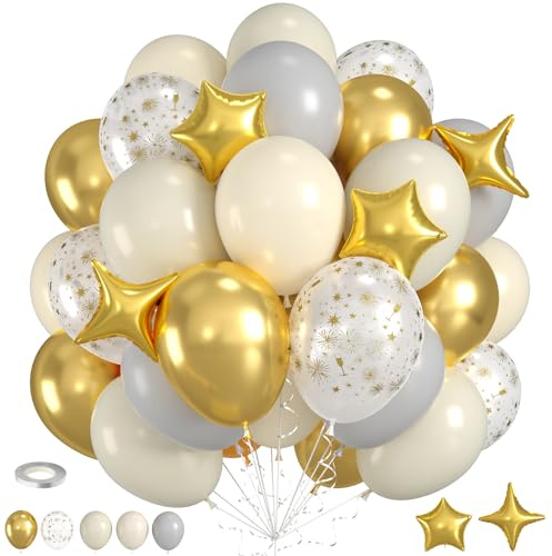White and Gold Balloons, 60pcs Retro White Gold Grey Balloon with Fireworks Printed Balloons Star Foil Balloon for New Year Birthday Baby Shower Wedding Retirement Engagement Party Decor