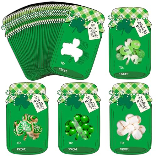 Whaline 40 Pcs St. Patrick's Day Mason Jar Cards Bags Self-Adhesive Goodie Bags with Shamrock Green Plaid Clover Candy Holder Craft Set for Classroom Exchange Gifts DIY Irish Party Favors, Non-Candy