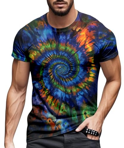 Chemise à manches courtes 2026 avec motif batik multicolore arc-en-ciel – T-shirt décontracté confortable pour tous les jours et les festivals., multicolore, XS