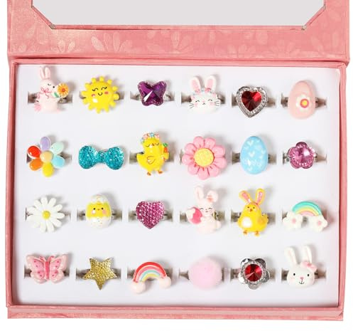 PinkSheep Bagues de Pâques pour petites filles, 24 pièces de bagues ajustables pour déguisement avec de mignons œufs de Pâques, poulettes, lapins, designs uniques Les filles font semblant de jouer