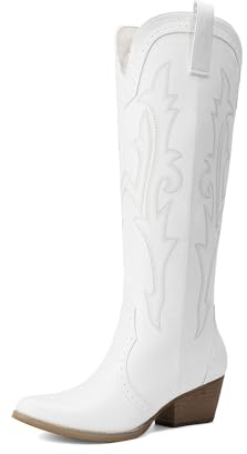 DREAM PAIRS Women's Western Knee High Cowboy Boots,Size 9,White