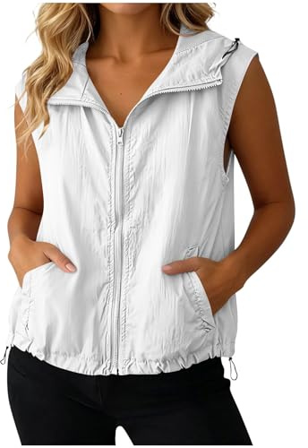 Lightweight Gilets for Women UK Casual Loose Full-Zip Sleeveless Jackets with Pockets Summer Fishing Running Hiking Outerwear Outdoor Sports Tops Hoodie Waistcoat Hooded Vest