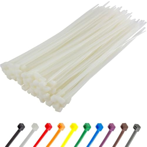 Gocableties Heavy Duty Long White Cable Ties, 300mm x 7.6mm, Pack of 100, 12 Nylon Zip Ties Clear/Natural, Plastic Tie Wraps, Secure Self-Locking Mechanism, for Home, Garden, Office and DIY