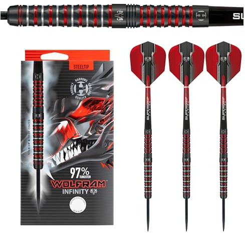Wolfram Infinity 97% Tungsten Darts | Darts-Set mit Stahlspitze| 21g, 22g, 23g, 24g, 25g & 26g | Enthält Supergrip Fusion Shafts und 100 Micron Prime Flights (23g)