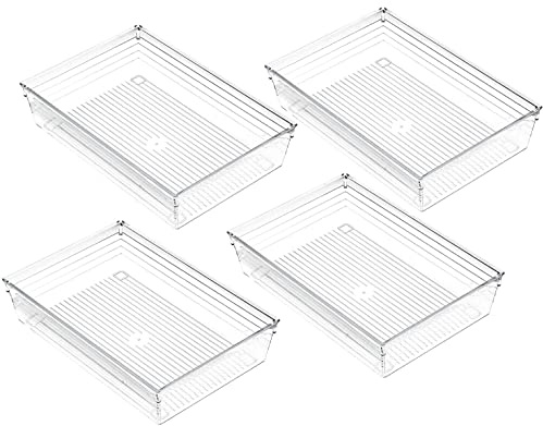 Grace Store 4 Pcs Clear Plastic Drawer Organiser Trays Desk Versatile Kitchen Drawer Organiser Storage Tray for Makeup Bedroom Office, Wide Size.