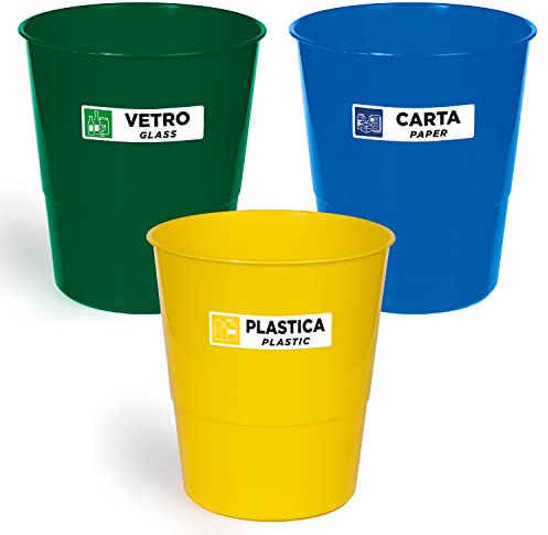 Everest Adv - Set di 3 Contenitori per la Raccolta Differenziata - Cestini 3 Colori per Separazione Rifiuti - 3x17 Litri - Giallo/Verde/Blu