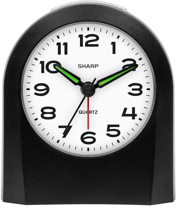 Sharp Small Battery Operated Analog Alarm Clock Silent No Ticking, Lighted on Demand and Snooze, Beep Sounds, Gentle Wake, Ascending Alarm, Black