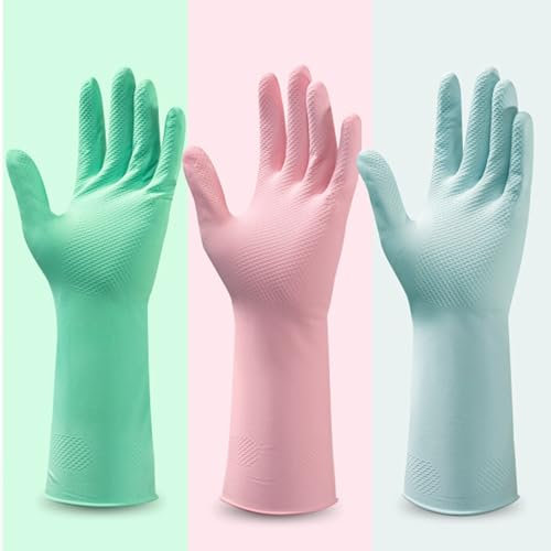 PATILWON 3 Pair Rubber Washing Up Gloves - Non-Slip, Wear-Resistant, Elastic Thickened (3 Colors, Small)