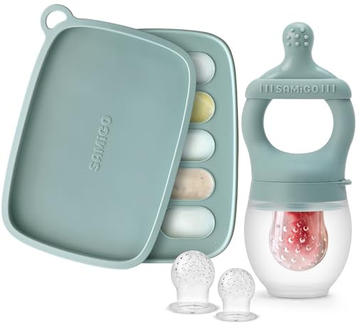 SAMiGO Baby Food Fruit Feeder and Breastmilk Popsicle Mold Set, Silicone Fruit Teether, Food Feeder Pacifier for Teething Relief, Freezer Tray, Baby Feeding Essentials, 4 Months+