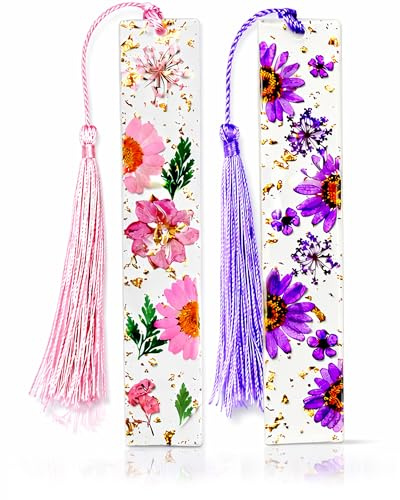 Azenera - Signets en Fleurs Pressées (Pack de 2) Résine Florale Séchée Transparente avec Pompons - Cadeau Fait Main pour Femmes, Étudiants, Bouquineurs, Amateurs de Livres, Accessoires pour Augmenter