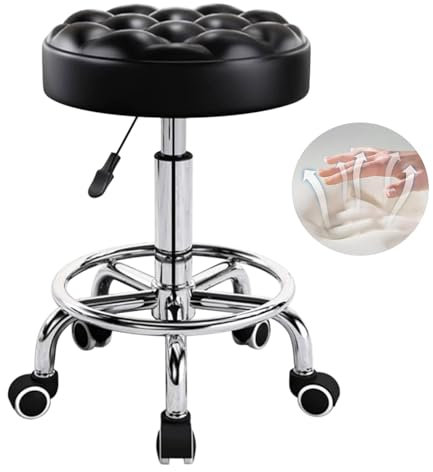 W&H Rollhocker Höhenverstellbar, Hocker mit Rollen bis 150 kg, 360° Drehhocker Bürohocker, Hocker Höhenverstellbar 44-56cm, Stuhl mit Rollen, Friseurstuhl, Drehhocker für Salon und Spa(Schwarz)