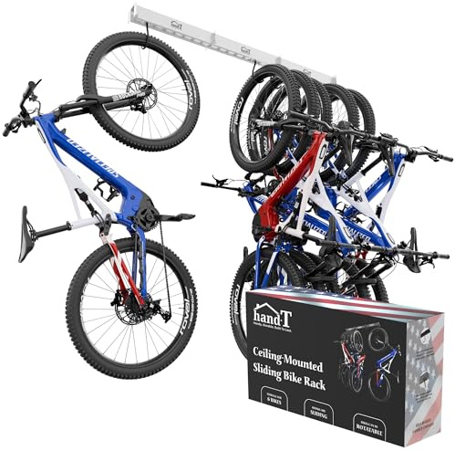 USA Based Ceiling Bike Rack Garage Storage Mount, Bicycle Hanger For Up To 6 Bikes, Sliding 51 Heavy Duty Hook Racks With Padded Hanging Mounts, Hooks Hangers (White, 3 Rails - 6 Hooks)