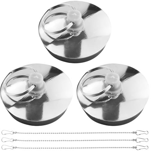 3 tapones de desagüe con 3 cadenas colgantes, tapones de desagüe para bañera, tapones de desagüe, para cocina, baño, baño, jardín