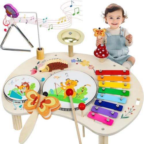 XIAPIA Kids Drum Kit, Baby Drum Musical Instruments Toys for 1 Year Old, Toddler Drum Set with Triangle Bell, Hand Castanets, Xylophone for Kids, Musical Instruments Toys Gifts for Boys and Girls