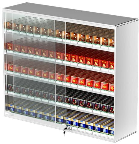 Cigaretthållare, skjutdörr med låsnyckel Cigarettvisningsskåp, cigarettfodral i aluminiumlegering, väggmonterad cigarettfodral med automatisk tryckare,10packs-5-layers15columns