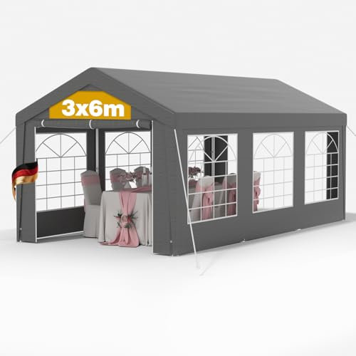 Pavillon 3x6m Winterfest – Wasserdichtes & stabiles Gartenzelt mit Fenstern, schweres Partyzelt für Hochzeit, Feier, Hausparty – Winddichtes Festzelt für den Winter, grau