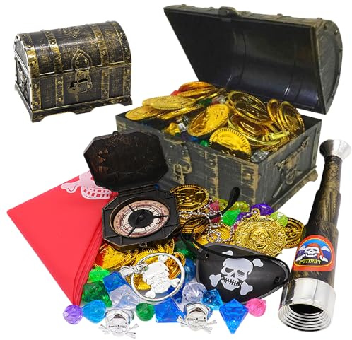 Mineup Cofre del Tesoro Pirata, Cofre del Tesoro Caribe Plástico, Juguete Pirata Niños Cofre con Tapa y Candado con Llave para Decorar, Regalo Infantil(14x11x10 cm)
