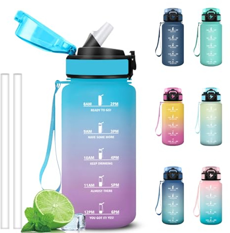 Grsta Borraccia 500ml, Borraccia Bambino con Cannuccia, Facile da Pulire, A Prova di Perdite Bottiglia Motivazionale, Borracce con Indicatore del Tempo per Ufficio, Viaggio, Outdoor