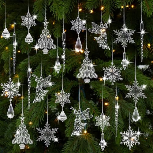 Forbabe Adornos para árbol de Navidad, 52 unidades, acrílico, diseño de carámbanos, copo de nieve, gotas de hielo, colgantes