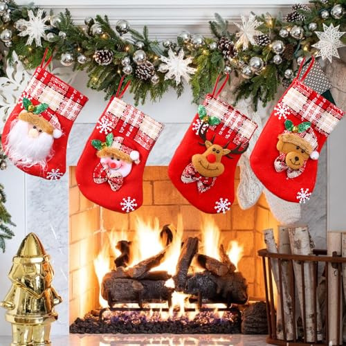 MagiSel Juego de 4 Calcetines Navidad Chimenea Personalizados, Medias navideñas para llenar, para Colgar Personalizada Decoracion Navidad, Calcetines de Papá Noel Medias Adornos Árbol