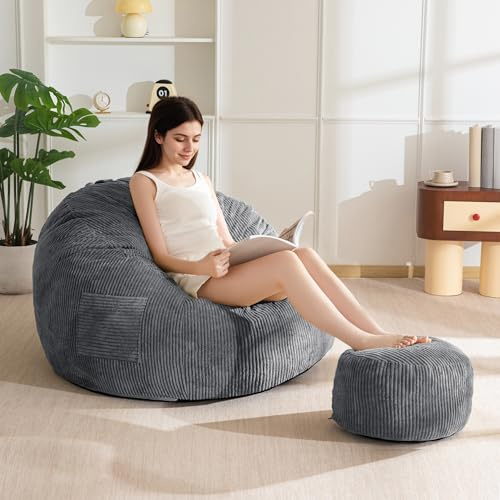 MAXYOYO Sillón Puff de Pana con Reposapiés para Adultos y Niños, Sofá Puff y Puf con Relleno de Espuma, Sillón con Asa para Sala de Estar, Dormitorio, Juegos, Lectura y Relajación