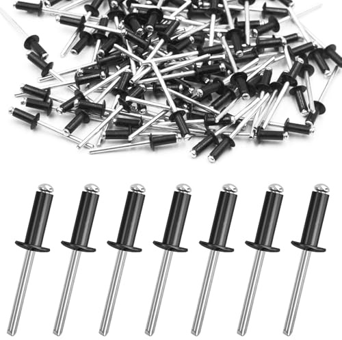 Set di 150 rivetti ciechi in alluminio, 4,8 x 20 mm, rivetti ciechi con flangia grande, rivetti pop con estremità aperta, rivetti ciechi per metallo, legno, plastica (nero)