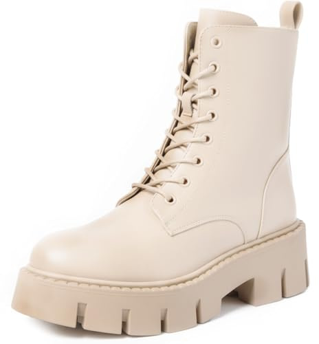 URBAN ROSA Anfibi Stivaletti Donna con Lacci Suola Spessa e Tacco Largo Antiscivolo 8256 (Beige, 40 EU, Adulto, 40, Numero, Sistema Taglie Calzature EU, Media)