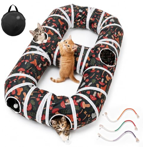 Iriisy Túnel para Gatos en Forma de 8, Juguete con Pompones Colgantes y Agujeros, Plegable Tipo Pop‑Up, + 3 Cuerdas Masticables para Cuidado Dental – para Gatitos, Gatos, Conejos y Cachorros