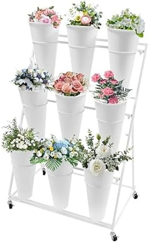 Generico Espositore for Fiori Ferro Battuto, Robusto Mobile, con Ripiani Bouquet Carrello Portafiori Esterno Dotato Secchi Plastica Ruote, for Casa Patio Giardino Matrimoni Feste(White,3pcs,4tires)