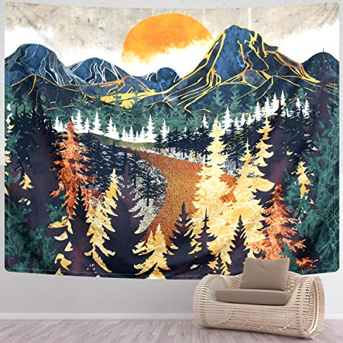 SENYYI Mountain Wall Hanging Tapestry - Forest Trees Art, Sunset, Road in Nature Landscape Home Decor for Room (51.2 x 59.1 inches)