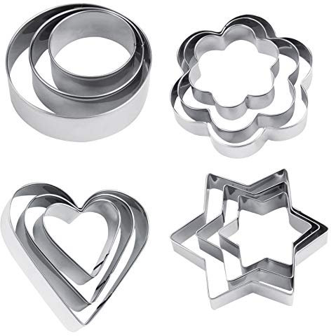 Lanzn 12 PCS Cookie Cutter Shapes Set, Biscuit Pastry Cutters Shapes Cake Cutter Mould Stainless Steel Biscuit Mould Fondant Cutters Heart Star Flower Round Baking Cutters Shapes for Cake Decorating