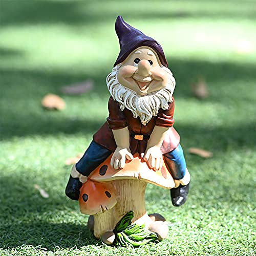 SUQ Fungo e Piccolo Nano Gnomo da Giardino, Statue da Giardino, Decorazioni, Carino Creativo Statue e Sculture da Giardino in Resina, Giardino Fatato All'Aperto, Impermeabile, 18.5X11X8cm(MG)