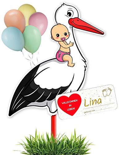 GLÜCKSGUT® Klapperstorch Baby Rosa, 100 cm | 5-teiliges Set | Geburtsstorch inkl. Holzstab + Namensschild + Grußkarte + Stift | Storch Geburt für Draussen & Drinnen | Geburtsgeschenk