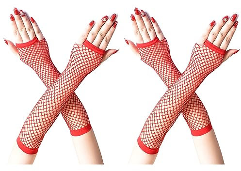 COSFAN 2 Paar Damen Netzhandschuhe,Lange Fingerlose Mesh Handschuhe,Elastische Hohle Handschuhe für Kleid Tanz Party Kostüm Zubehör (Rot)