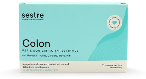 Sestre Colon, Integratore per l'Equilibrio Intestinale, Regolarizza la Flora Batterica e Contrasta la Stitichezza, con Estratti Naturali della Dieta Mediterranea e Quercetina, 20 Bustine
