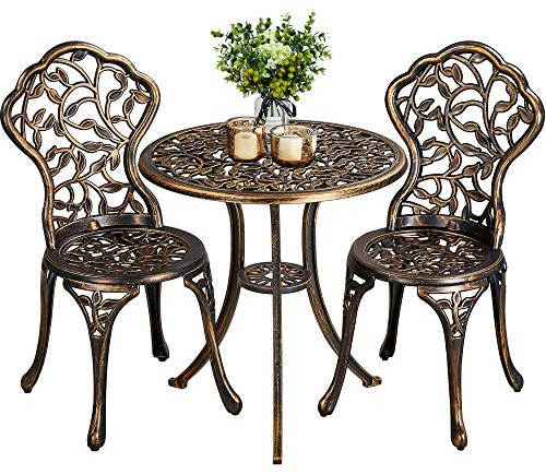 Yaheetech 3-Piece Bistro Dining Set, Aluminium Table & Chairs, Bronze | All-Weather Sturdy Frame | Patio Furniture Set | Antique Leaf Design | Stylish Decor for Balcony, Garden & Porch