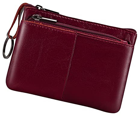 Münzgeldbörse aus echtem Leder, dreifacher Reißverschluss, Kartenhalter mit Schlüsselring, weinrot, Münztasche