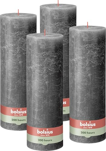 Bolsius Rustik Candela XXL – Antracite – Set di 4 candele decorative – durata di combustione 200 ore – non profumate – Include cera naturale vegana – senza olio di palma – 30 x 10 cm